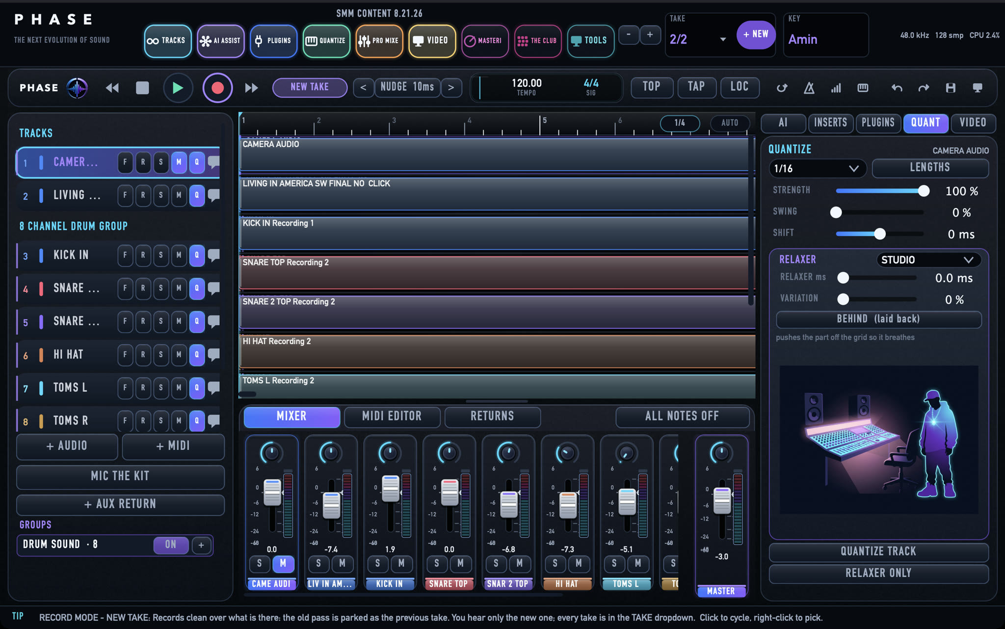 PHASE 13.1.4 — the interactive DAW: live session with QUANT and the RELAXER studio open